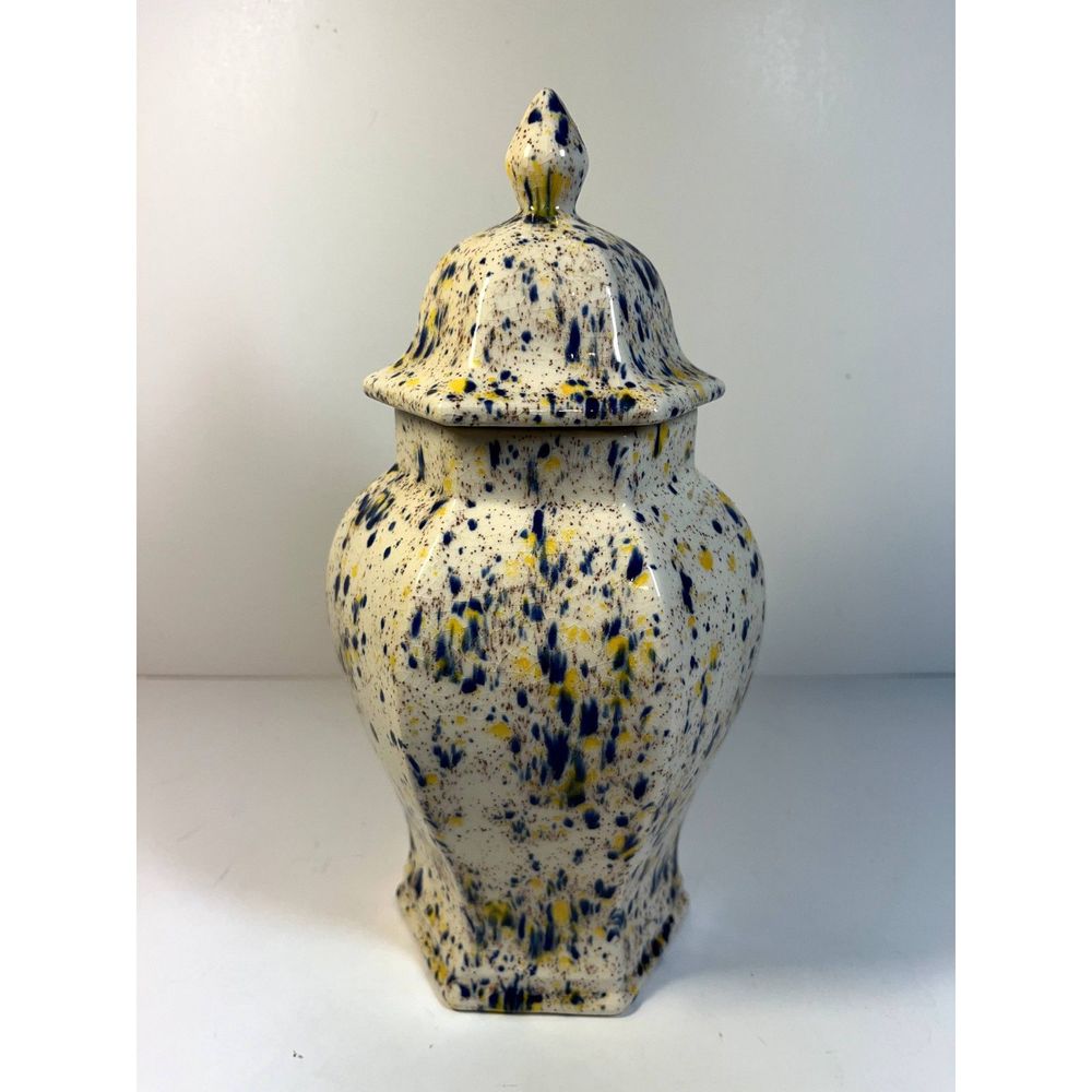 Ginger Jar Urn Blue Yellow White Speckle Splatter Glaze 10" Pottery Lidded